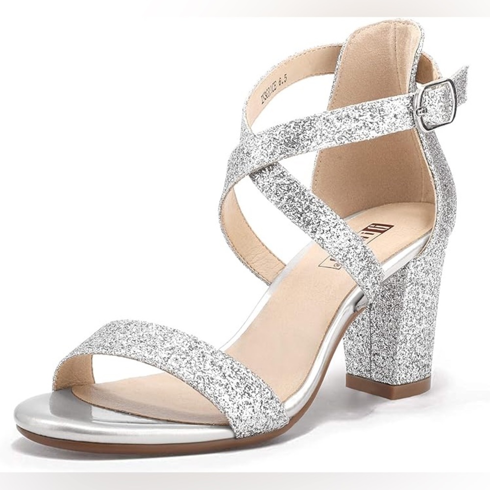 IDIFU Silver Glitter Cross-Strap Block Heel Sandals